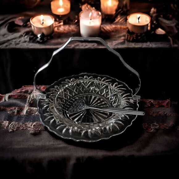 Sheffield Glass Server Plate Set Chrome Fork Holder Vintage Seafood Appetizers. - Picture 16 of 16